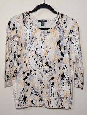 Designers Originals Cardigan White Yellow Black Button-Front 3/4 Sleeve Size PL